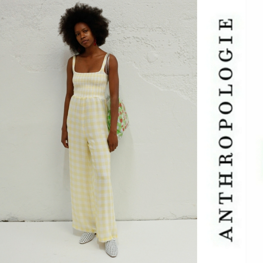 Anthropologie Capulet Wren Smocked Jumpsuit Yellow Gingham Sz L NWT - Picture 14 of 14